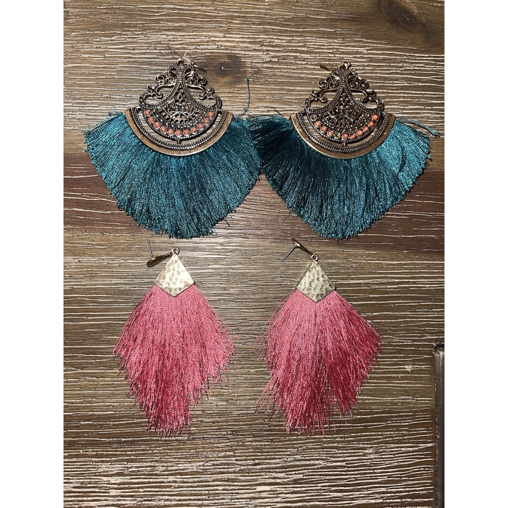 Tassel Fan Green & Pink Gold Filigree Embellished with Beads Earrings Bundle